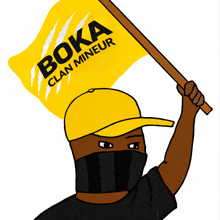 a man in a black shirt is holding a yellow flag that says " boka clan mineur "