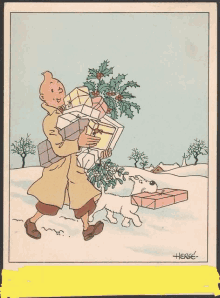 a cartoon of a man carrying gifts and a dog with the name herge on the bottom right