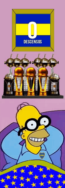 homer simpson is smiling in front of a display of trophies with the number 0 on it