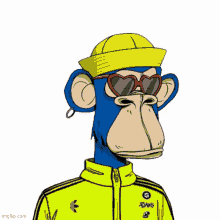 a blue monkey wearing a yellow hat and sunglasses is wearing a yellow adidas jacket