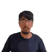 a man wearing glasses and a black shirt is holding his hands up in the air
