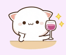 a cartoon cat is holding a glass of wine .