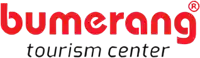 the bumerang tourism center logo is red and white