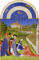 a painting of a group of people in front of a building