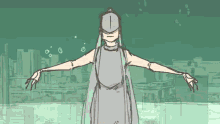 a drawing of a person with their arms outstretched in front of a city skyline