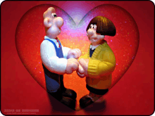 two cartoon characters are holding hands in front of a heart