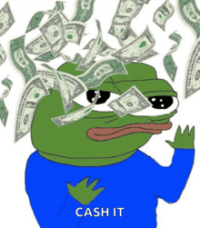 a frog with a blue shirt is surrounded by money and the words cash it