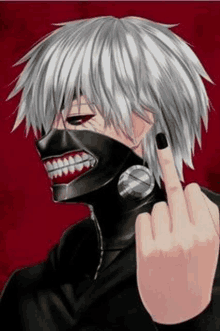 tokyo ghoul ken kaneki is wearing a mask and giving the middle finger .