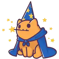 a cartoon cat wearing a blue cape and a wizard hat