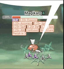 a video game screen shows a pokemon named magikarp and its stats