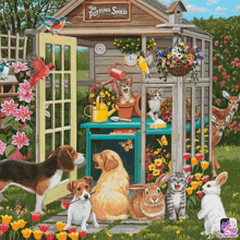 a painting of dogs and cats in front of a potting shed