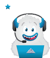 a cartoon yeti wearing headphones and a laptop with sticker mountain on it