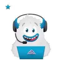 a cartoon yeti wearing headphones and a laptop with sticker mountain on it