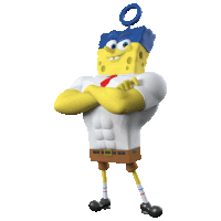 a cartoon spongebob with his arms crossed and a blue ring around his head