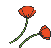 a cartoon drawing of two red flowers with green stems on a white background .