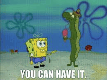spongebob squarepants is standing next to a snake holding a cone of ice cream .