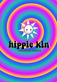 a logo for hippie kin handmade design with a smiling sun on a colorful background