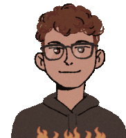 a cartoon drawing of a man wearing glasses and a hoodie with flames on the front