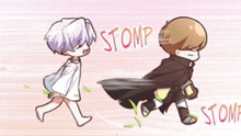 a cartoon drawing of a boy and a girl with the words stomp written on the bottom