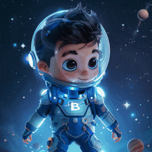 a little boy in a space suit with the letter b on it