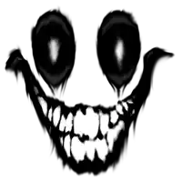 a black and white drawing of a smiley face with teeth and eyes