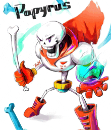 a drawing of papyrus from undertale holding a sword and a cape