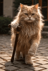 a fluffy cat holding a cane on a brick sidewalk