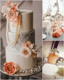 a wedding cake with flowers and pearls on it