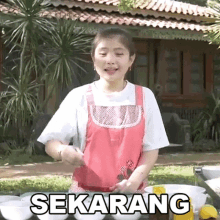 a woman in a pink apron is standing in front of a table with bowls and the word sekarang written on it .