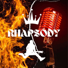 a poster for rhapsody with a microphone in the foreground