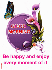 a butterfly sits on top of a purple circle that says good morning