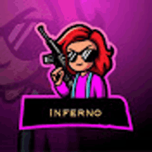 a cartoon girl is holding a gun and wearing sunglasses on a purple background .