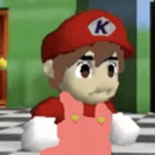 a cartoon character wearing a red hat and pink overalls with a k on it .