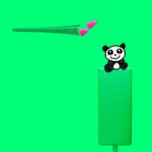 a panda bear is sitting on a green block with two pink hearts coming out of it