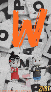 a picture of a boy and girl with the letter w in orange