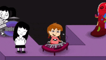 a cartoon of a girl playing a keyboard with a drummer behind her