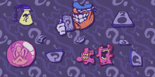 a purple background with a bunch of cartoon characters and a question mark