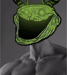 a black and white photo of a man with a green troll face on his face