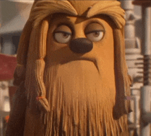 a close up of a cartoon character with a beard and long hair making a funny face .