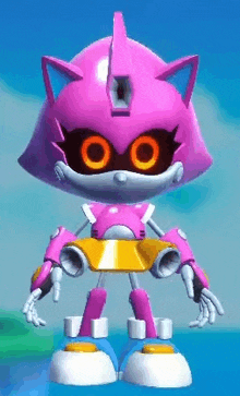 a pink robot with glowing eyes is standing on a blue background .