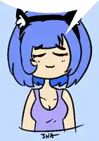 a drawing of a girl with blue hair and a speech bubble says jna on the bottom