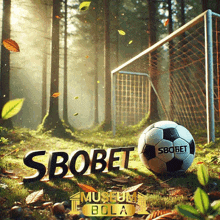 a soccer ball in front of a soccer goal with the word sbobet written in the grass