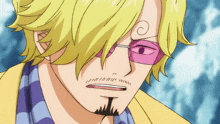 a close up of a cartoon character with yellow hair and pink sunglasses