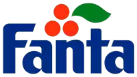 a blue fanta logo with a green leaf and red berries