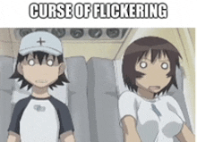 a boy and a girl are sitting next to each other on a plane with the caption curse of flickering .