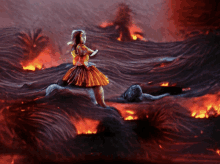 a woman in a hula dress is standing in a lava field