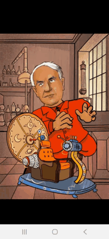 a cartoon of a man holding a clock in a lab