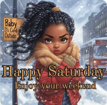 a poster that says happy saturday enjoy your weekend with a girl in the snow