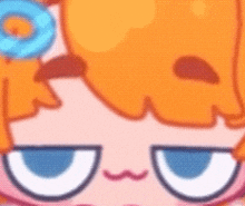 a close up of a cartoon girl with orange hair and a blue flower in her hair .