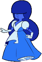 a cartoon drawing of a blue sapphire wearing a blue dress and white gloves